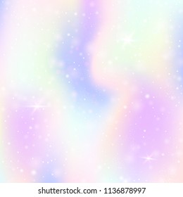Unicorn background with rainbow mesh. Girlie universe banner in princess colors. Fantasy gradient backdrop with hologram.  Holographic unicorn background with magic sparkles, stars and blurs.