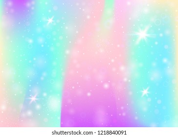 Unicorn background with rainbow mesh. Girlie universe banner in princess colors. Fantasy gradient backdrop with hologram. Holographic unicorn background with magic sparkles, stars and blurs.