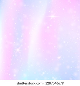 Unicorn background with rainbow mesh. Girlie universe banner in princess colors. Fantasy gradient backdrop with hologram.  Holographic unicorn background with magic sparkles, stars and blurs.