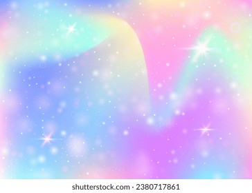 Unicorn background with rainbow mesh. Girlie universe banner in princess colors. Fantasy gradient backdrop with hologram. Holographic unicorn background with magic sparkles, stars and blurs.
