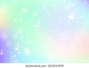 Unicorn background with rainbow mesh. Girlie universe banner in princess colors. Fantasy gradient backdrop with hologram. Holographic unicorn background with magic sparkles, stars and blurs.