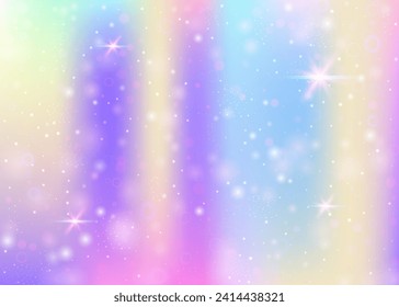 Unicorn background with rainbow mesh. Girlie universe banner in princess colors. Fantasy gradient backdrop with hologram. Holographic unicorn background with magic sparkles, stars and blurs.