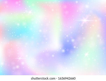 Unicorn background with rainbow mesh. Girlish universe banner in princess colors. Fantasy gradient backdrop with hologram. Holographic unicorn background with magic sparkles, stars and blurs.
