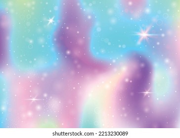 Unicorn background with rainbow mesh. Girlish universe banner in princess colors. Fantasy gradient backdrop with hologram. Holographic unicorn background with magic sparkles, stars and blurs.