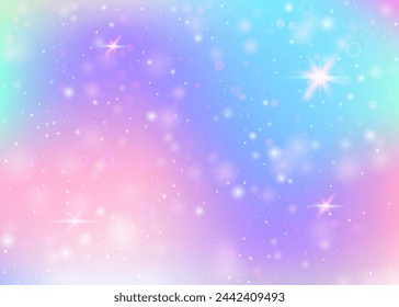 Unicorn background with rainbow mesh. Girlish universe banner in princess colors. Fantasy gradient backdrop with hologram. Holographic unicorn background with magic sparkles, stars and blurs.