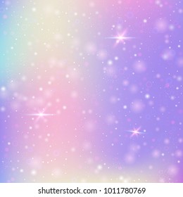 Unicorn background with rainbow mesh. Kawaii universe banner in princess colors. Fantasy gradient backdrop with hologram.  Holographic unicorn background with magic sparkles, stars and blurs.