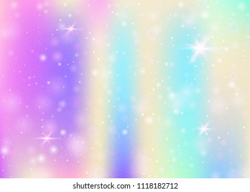 Unicorn background with rainbow mesh. Kawaii universe banner in princess colors. Fantasy gradient backdrop with hologram. Holographic unicorn background with magic sparkles, stars and blurs.