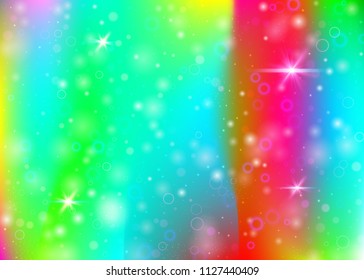 Unicorn background with rainbow mesh. Kawaii universe banner in princess colors. Fantasy gradient backdrop with hologram. Holographic unicorn background with magic sparkles, stars and blurs.