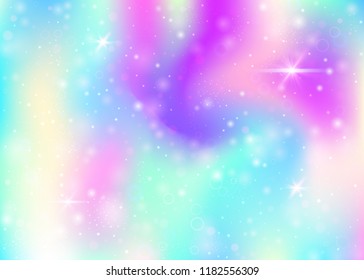 Unicorn background with rainbow mesh. Kawaii universe banner in princess colors. Fantasy gradient backdrop with hologram. Holographic unicorn background with magic sparkles, stars and blurs.