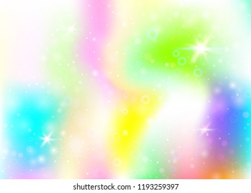 Unicorn background with rainbow mesh. Kawaii universe banner in princess colors. Fantasy gradient backdrop with hologram. Holographic unicorn background with magic sparkles, stars and blurs.