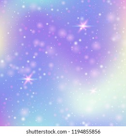Unicorn background with rainbow mesh. Kawaii universe banner in princess colors. Fantasy gradient backdrop with hologram.  Holographic unicorn background with magic sparkles, stars and blurs.