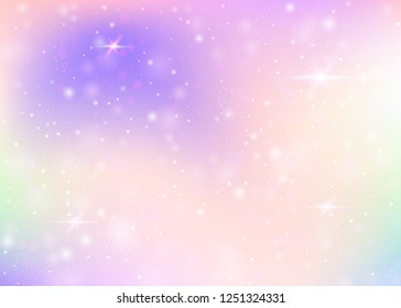 Unicorn background with rainbow mesh. Kawaii universe banner in princess colors. Fantasy gradient backdrop with hologram. Holographic unicorn background with magic sparkles, stars and blurs.