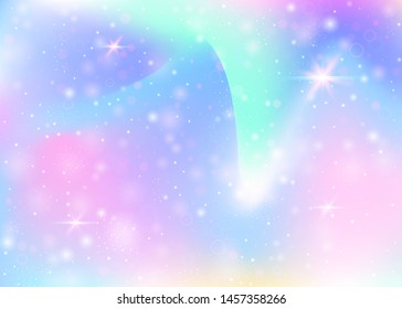 Unicorn background with rainbow mesh. Kawaii universe banner in princess colors. Fantasy gradient backdrop with hologram. Holographic unicorn background with magic sparkles, stars and blurs.