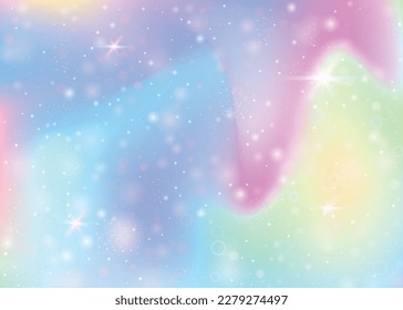 Fondo Unicornio con malla arcoiris. Banner del universo Kawaii en colores princesas. Fondo gradiente de fantasía con holograma. Fondo de unicornio holográfico con mágicos destellos, estrellas y borrosas.