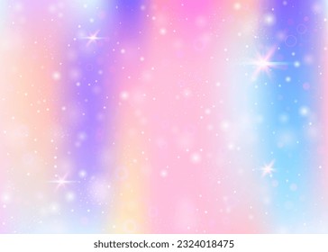 Unicorn background with rainbow mesh. Kawaii universe banner in princess colors. Fantasy gradient backdrop with hologram. Holographic unicorn background with magic sparkles, stars and blurs.