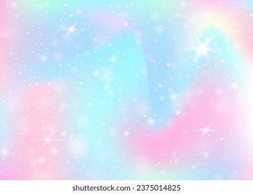 Unicorn background with rainbow mesh. Kawaii universe banner in princess colors. Fantasy gradient backdrop with hologram. Holographic unicorn background with magic sparkles, stars and blurs.