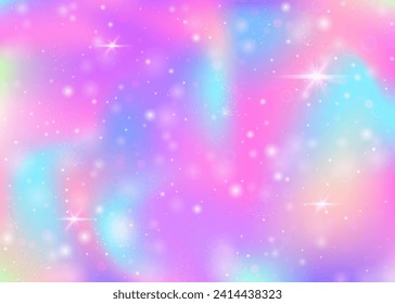 Unicorn background with rainbow mesh. Kawaii universe banner in princess colors. Fantasy gradient backdrop with hologram. Holographic unicorn background with magic sparkles, stars and blurs.