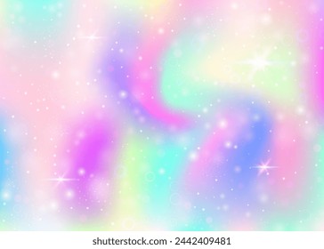 Unicorn background with rainbow mesh. Kawaii universe banner in princess colors. Fantasy gradient backdrop with hologram. Holographic unicorn background with magic sparkles, stars and blurs.