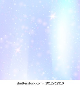 Unicorn background with rainbow mesh. Liquid universe banner in princess colors. Fantasy gradient backdrop with hologram.  Holographic unicorn background with magic sparkles, stars and blurs.