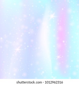 Unicorn background with rainbow mesh. Liquid universe banner in princess colors. Fantasy gradient backdrop with hologram.  Holographic unicorn background with magic sparkles, stars and blurs.