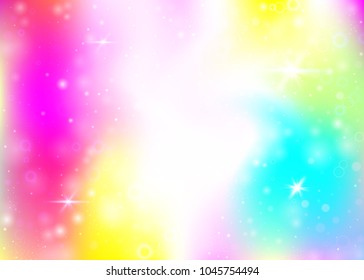 Unicorn background with rainbow mesh. Liquid universe banner in princess colors. Fantasy gradient backdrop with hologram. Holographic unicorn background with magic sparkles, stars and blurs.