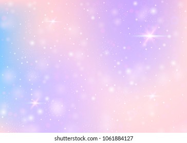 Unicorn background with rainbow mesh. Liquid universe banner in princess colors. Fantasy gradient backdrop with hologram. Holographic unicorn background with magic sparkles, stars and blurs.