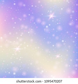 Unicorn background with rainbow mesh. Liquid universe banner in princess colors. Fantasy gradient backdrop with hologram.  Holographic unicorn background with magic sparkles, stars and blurs.