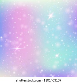 Unicorn background with rainbow mesh. Liquid universe banner in princess colors. Fantasy gradient backdrop with hologram.  Holographic unicorn background with magic sparkles, stars and blurs.