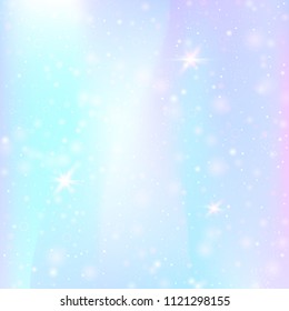 Unicorn background with rainbow mesh. Liquid universe banner in princess colors. Fantasy gradient backdrop with hologram.  Holographic unicorn background with magic sparkles, stars and blurs.