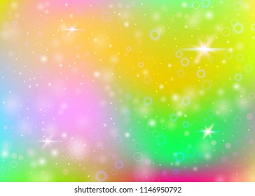 Unicorn background with rainbow mesh. Liquid universe banner in princess colors. Fantasy gradient backdrop with hologram. Holographic unicorn background with magic sparkles, stars and blurs.