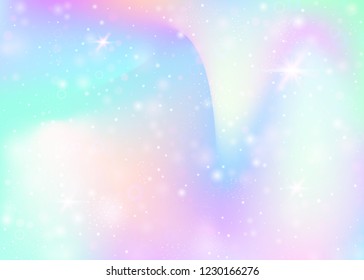 Unicorn background with rainbow mesh. Liquid universe banner in princess colors. Fantasy gradient backdrop with hologram. Holographic unicorn background with magic sparkles, stars and blurs.