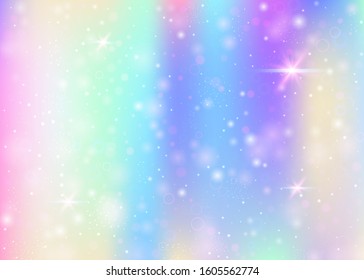 Unicorn background with rainbow mesh. Liquid universe banner in princess colors. Fantasy gradient backdrop with hologram. Holographic unicorn background with magic sparkles, stars and blurs.