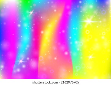 Unicorn background with rainbow mesh. Liquid universe banner in princess colors. Fantasy gradient backdrop with hologram. Holographic unicorn background with magic sparkles, stars and blurs.