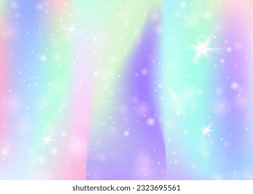 Unicorn background with rainbow mesh. Liquid universe banner in princess colors. Fantasy gradient backdrop with hologram. Holographic unicorn background with magic sparkles, stars and blurs.