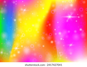 Unicorner Hintergrund mit Regenbogenmasche. Flüssiger Universum-Banner in Prinzessenfarben. Fantasy-Farbverlauf-Hintergrund mit Hologramm. Holografischer, einfarbiger Hintergrund mit magischen Funken, Sternen und Bluren.