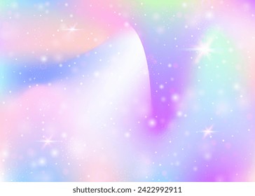 Unicorn background with rainbow mesh. Liquid universe banner in princess colors. Fantasy gradient backdrop with hologram. Holographic unicorn background with magic sparkles, stars and blurs.