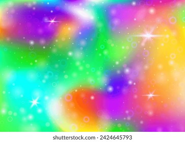 Unicorn background with rainbow mesh. Liquid universe banner in princess colors. Fantasy gradient backdrop with hologram. Holographic unicorn background with magic sparkles, stars and blurs.