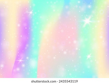 Unicorn background with rainbow mesh. Liquid universe banner in princess colors. Fantasy gradient backdrop with hologram. Holographic unicorn background with magic sparkles, stars and blurs.