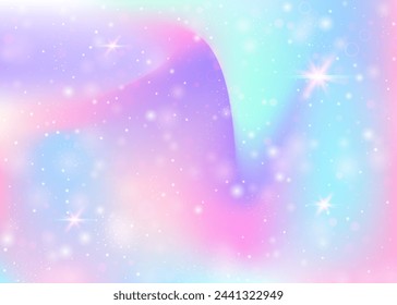 Unicorn background with rainbow mesh. Liquid universe banner in princess colors. Fantasy gradient backdrop with hologram. Holographic unicorn background with magic sparkles, stars and blurs.