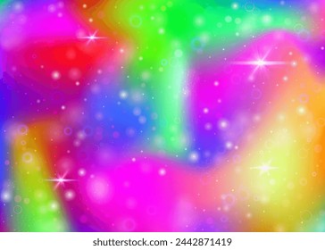 Unicorn background with rainbow mesh. Liquid universe banner in princess colors. Fantasy gradient backdrop with hologram. Holographic unicorn background with magic sparkles, stars and blurs.