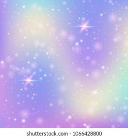 Unicorn background with rainbow mesh. Multicolor universe banner in princess colors. Fantasy gradient backdrop with hologram.  Holographic unicorn background with magic sparkles, stars and blurs.