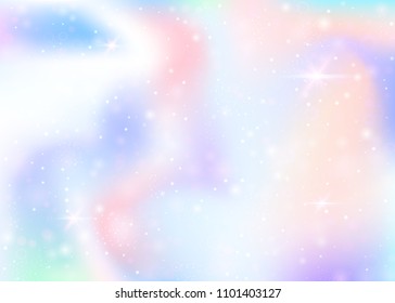 Unicorn background with rainbow mesh. Multicolor universe banner in princess colors. Fantasy gradient backdrop with hologram. Holographic unicorn background with magic sparkles, stars and blurs.