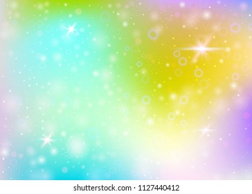 Unicorn background with rainbow mesh. Multicolor universe banner in princess colors. Fantasy gradient backdrop with hologram. Holographic unicorn background with magic sparkles, stars and blurs.