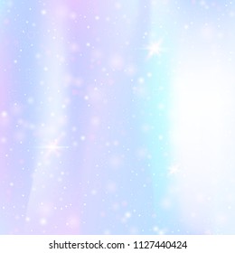 Unicorn background with rainbow mesh. Multicolor universe banner in princess colors. Fantasy gradient backdrop with hologram.  Holographic unicorn background with magic sparkles, stars and blurs.