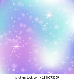 Unicorn background with rainbow mesh. Multicolor universe banner in princess colors. Fantasy gradient backdrop with hologram.  Holographic unicorn background with magic sparkles, stars and blurs.