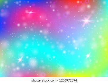 Unicorn background with rainbow mesh. Multicolor universe banner in princess colors. Fantasy gradient backdrop with hologram. Holographic unicorn background with magic sparkles, stars and blurs.