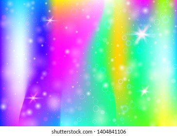 Unicorn background with rainbow mesh. Multicolor universe banner in princess colors. Fantasy gradient backdrop with hologram. Holographic unicorn background with magic sparkles, stars and blurs.