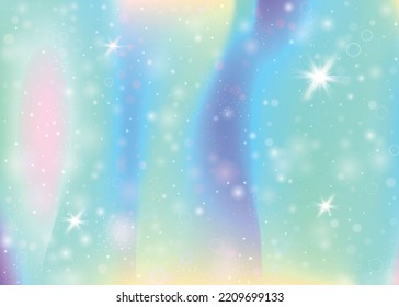 Unicorn background with rainbow mesh. Multicolor universe banner in princess colors. Fantasy gradient backdrop with hologram. Holographic unicorn background with magic sparkles, stars and blurs.