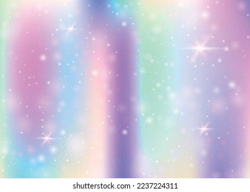 Unicorn background with rainbow mesh. Multicolor universe banner in princess colors. Fantasy gradient backdrop with hologram. Holographic unicorn background with magic sparkles, stars and blurs.