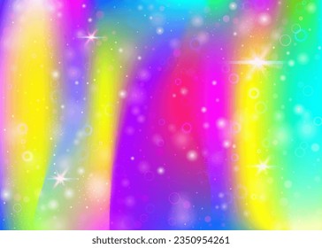 Fondo Unicornio con malla arcoiris. Banner de universo multicolor en colores princesas. Fondo gradiente de fantasía con holograma. Fondo de unicornio holográfico con mágicos destellos, estrellas y borrosas.